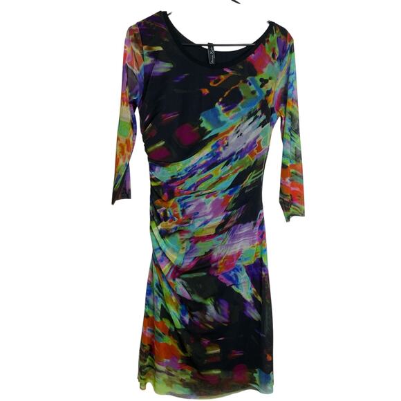 Elaua Kattau Dress Womens Medium Multicolor Mesh Sheer Artsy Colorful Peek A Boo - Picture 2 of 9